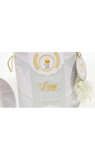 Trusou de botez cu ingeri si broderie personalizata aurie si pattern marble crem mint 11